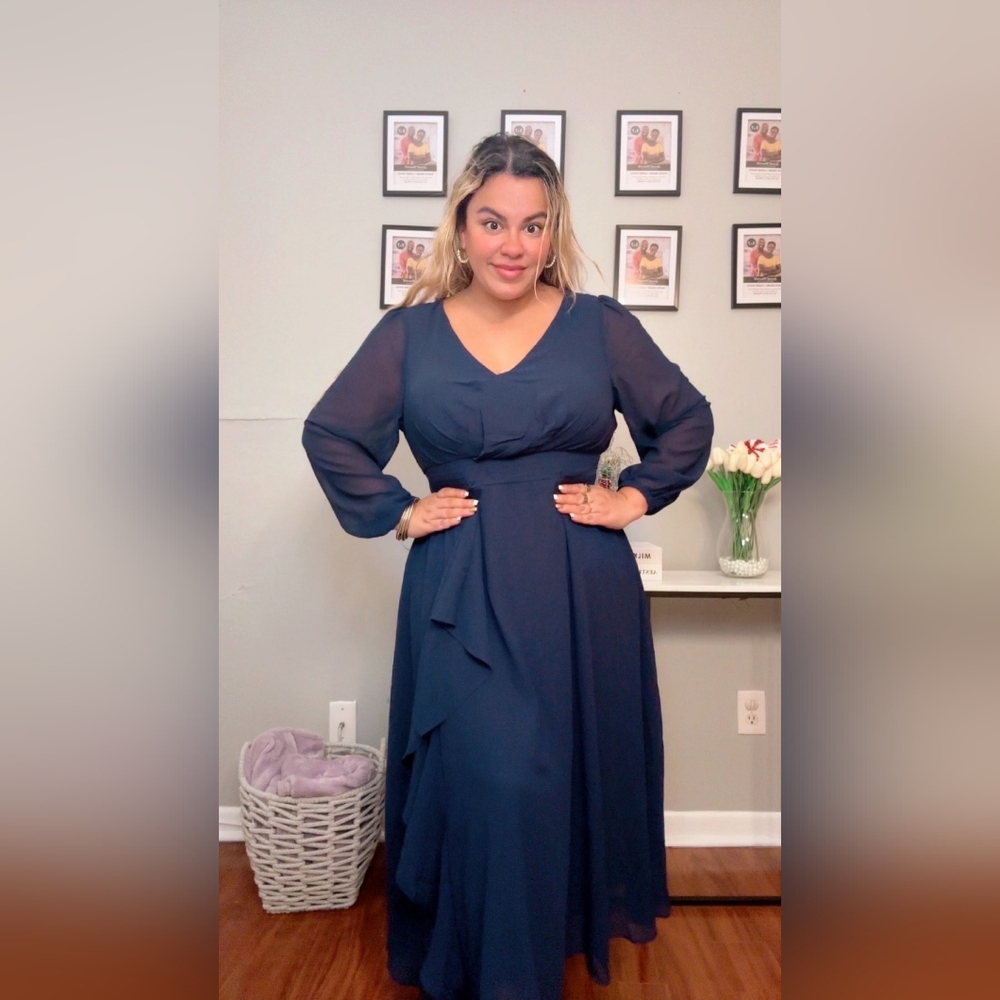 Lady Long Dress V-neck Bodycon Elegant Cocktail Party Slim Chic Plus Size Blue